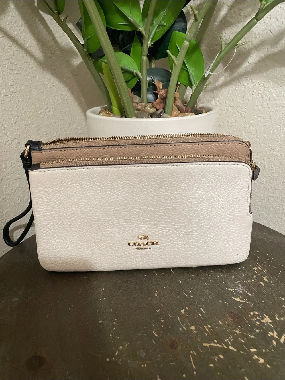 Coach Pebbled Leather Wristlet Clutch - White and Taupe Trim